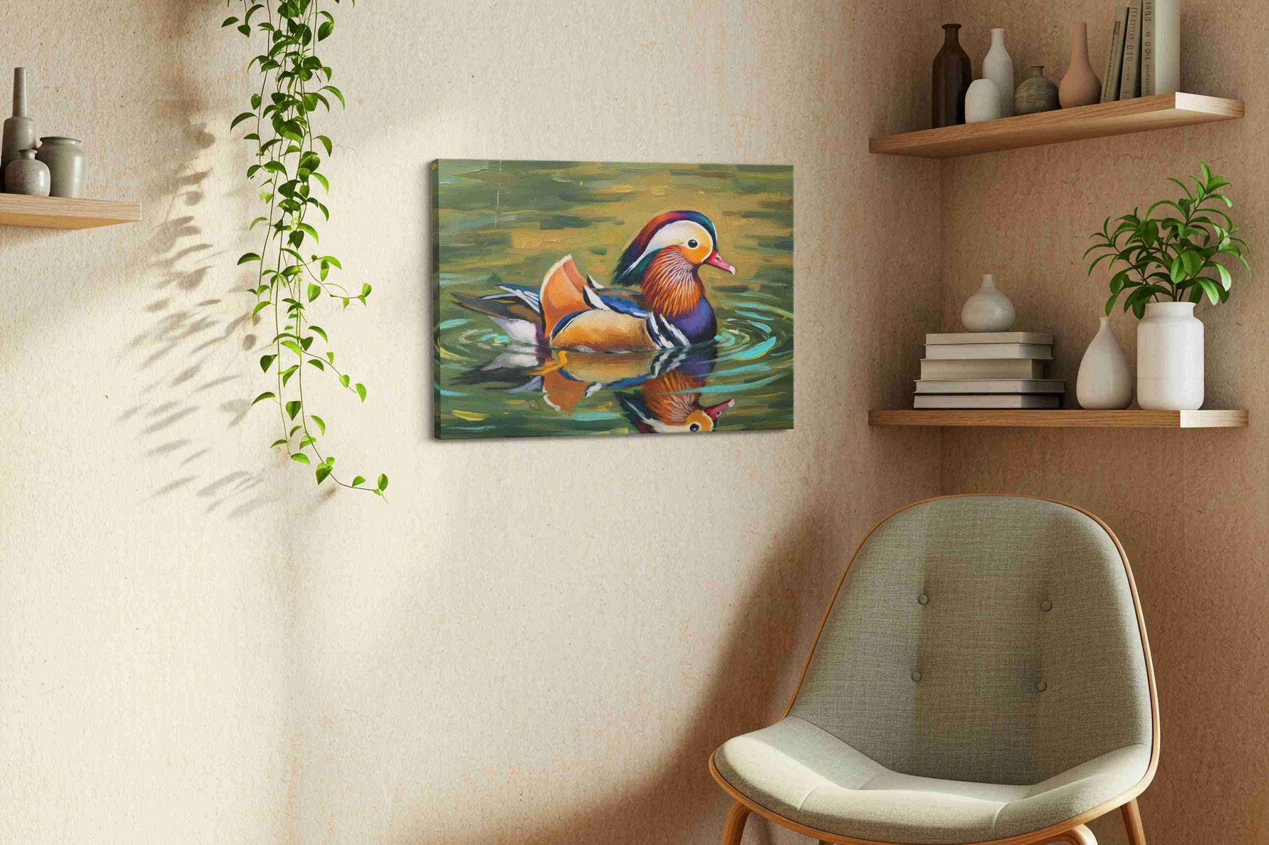 Serenity of the Mandarin Lake birds canvas print, hanging on wall