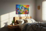 Spectrum Songbird Serenade birds canvas print, displayed in a bedroom