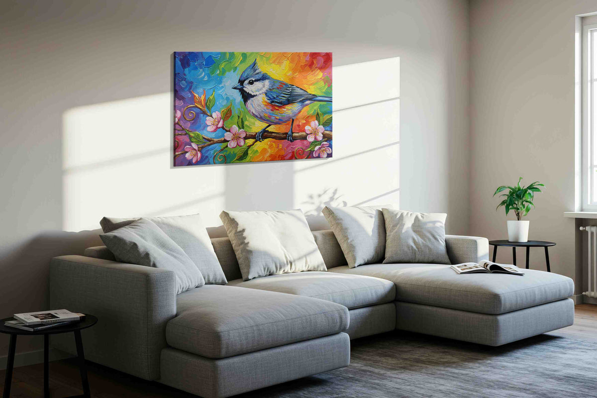 Spectrum Songbird Serenade birds canvas print, displayed in a living room