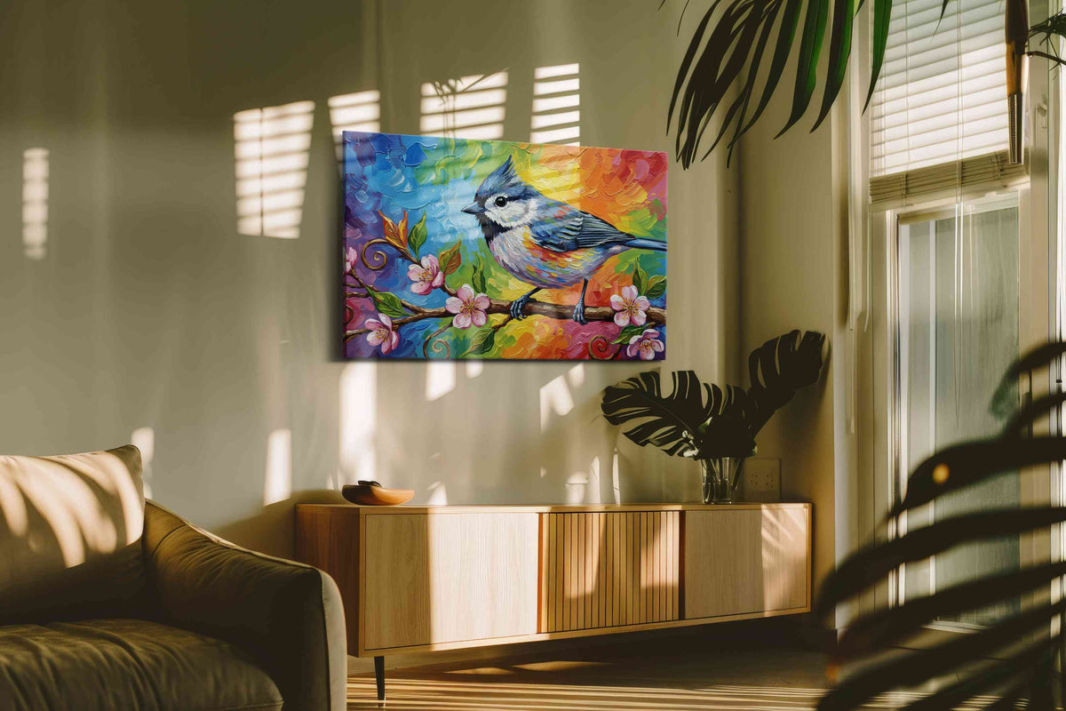 Spectrum Songbird Serenade birds canvas print in a hung canvas mockup