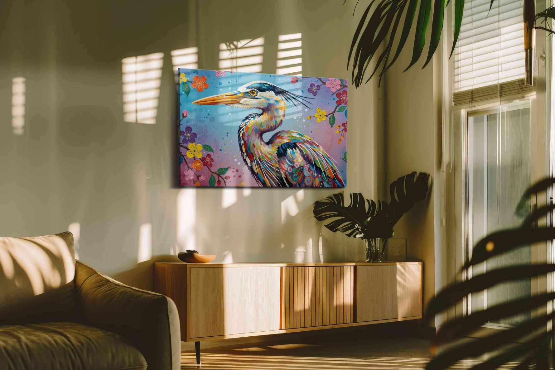 Spectrum of the Heron birds canvas print, on wall, lifestyle preview