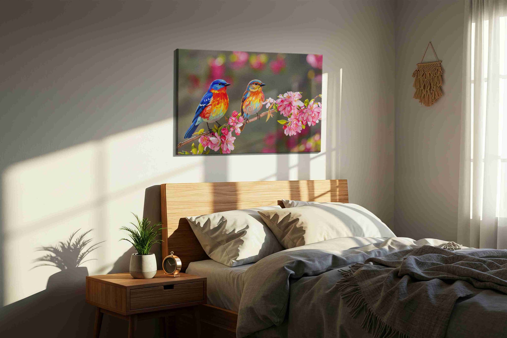 Symphony of Spring Colors birds canvas print, displayed in a bedroom
