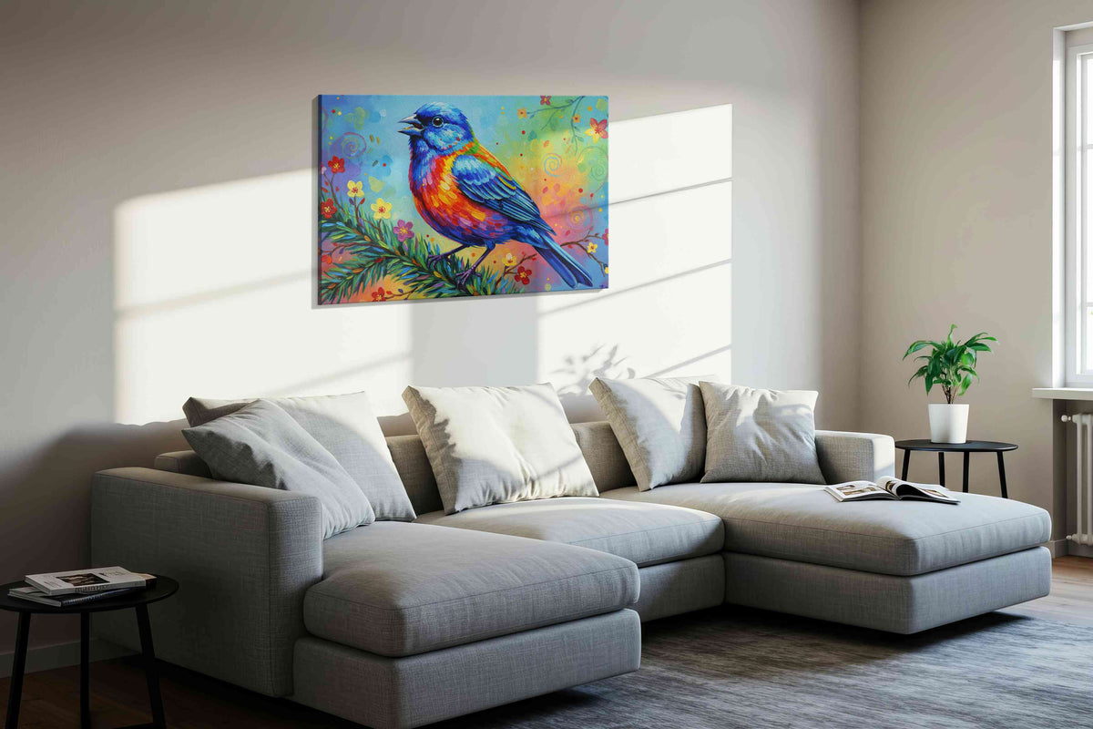 Symphony of the Blue Finch birds canvas print styled in a living room