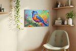 Symphony of the Blue Finch birds canvas print, displayed in a living room