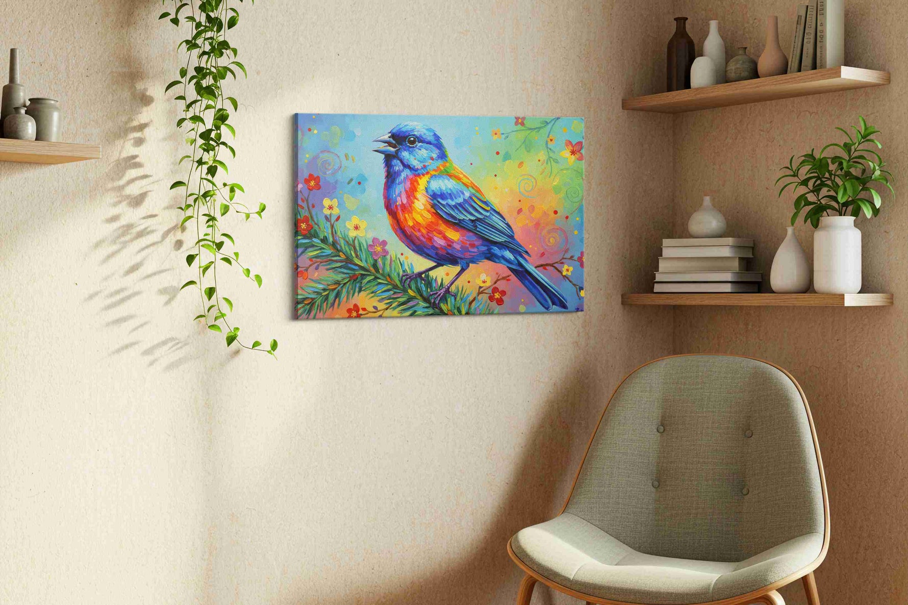 Symphony of the Blue Finch birds canvas print, displayed in a living room