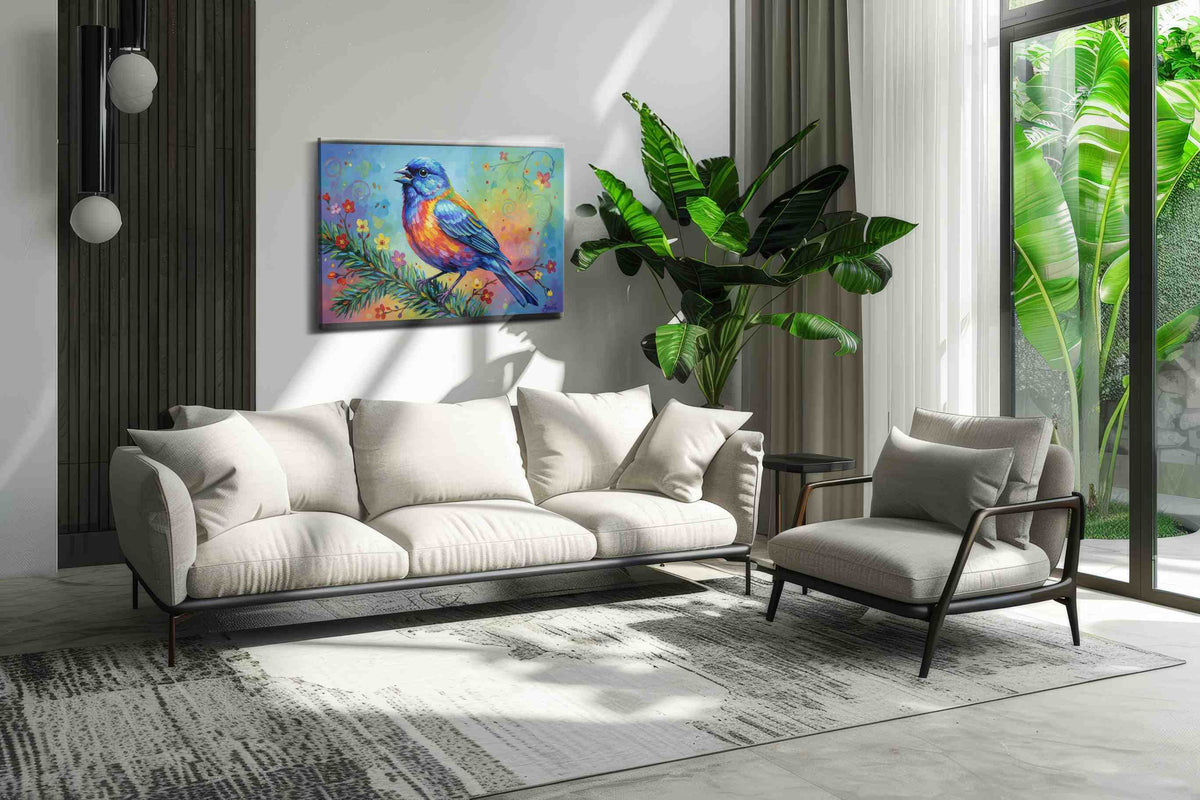 Symphony of the Blue Finch birds canvas print, on wall, lifestyle preview