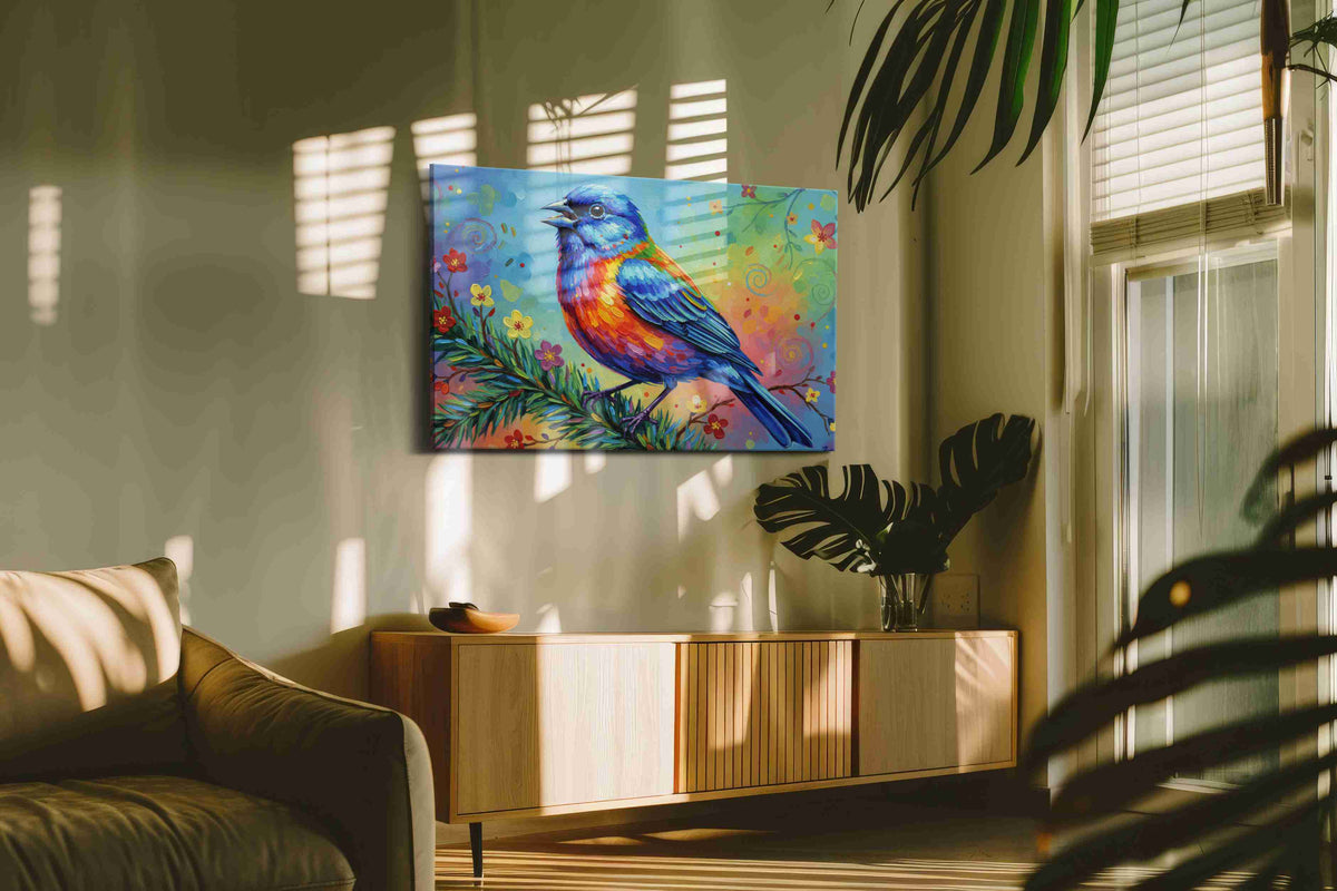 Symphony of the Blue Finch birds canvas print, hanging on wall