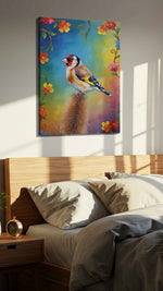 Vibrant Echoes of Spring birds canvas print, displayed in a bedroom
