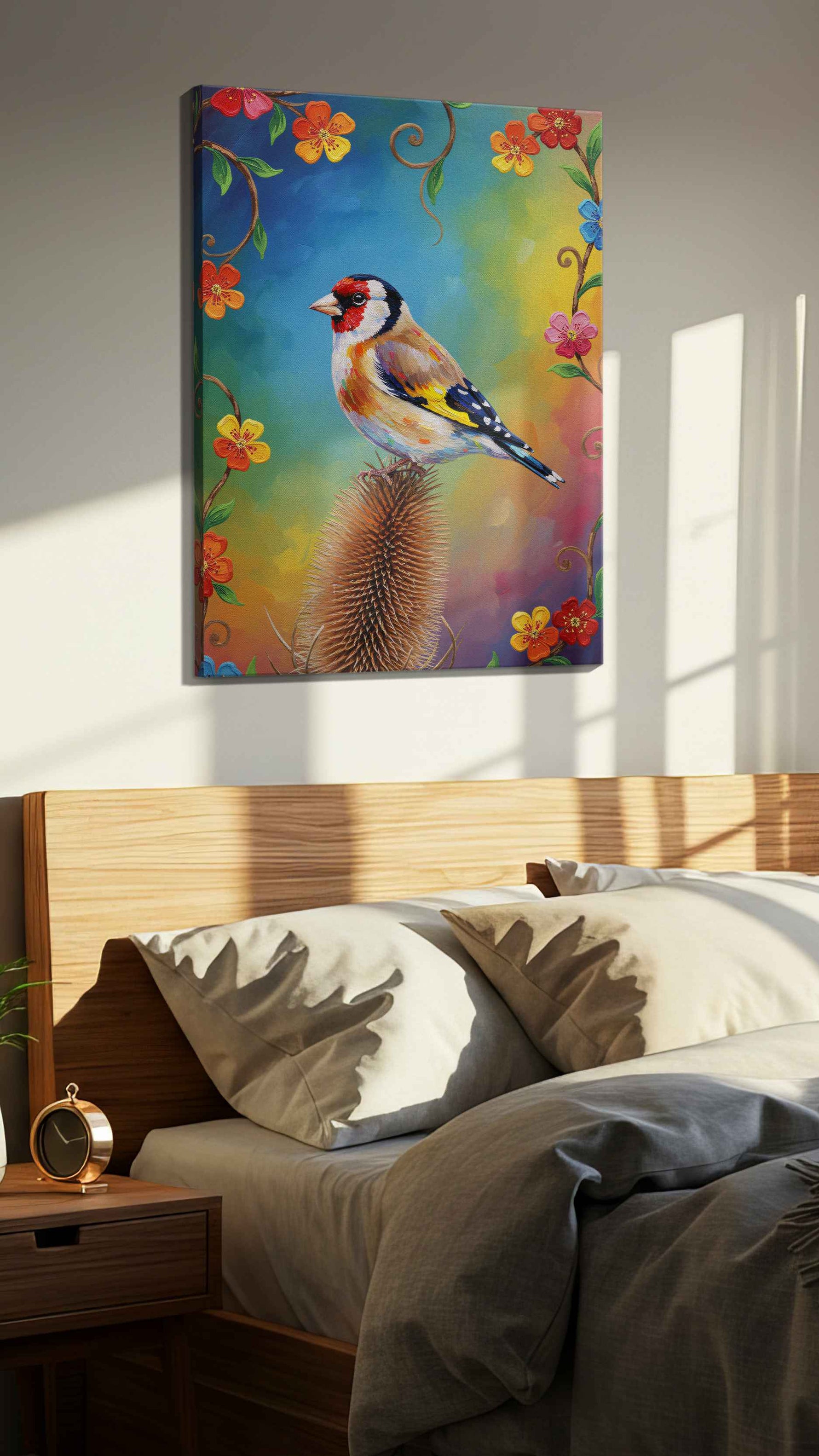 Vibrant Echoes of Spring birds canvas print, displayed in a bedroom