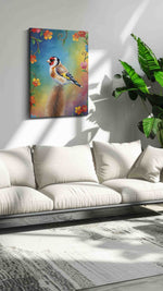 Vibrant Echoes of Spring birds canvas print in a hung canvas mockup