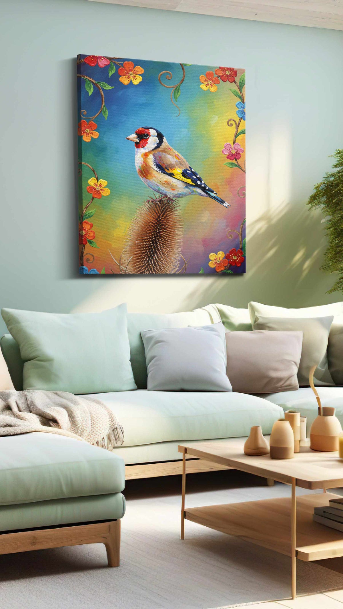 Vibrant Echoes of Spring birds canvas print, hanging on wall