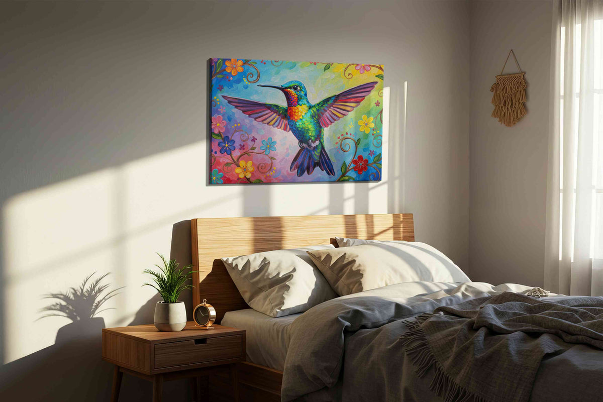 Vibrant Flight of Joy birds canvas print, displayed in a bedroom