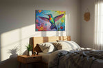 Vibrant Flight of Joy birds canvas print, displayed in a bedroom
