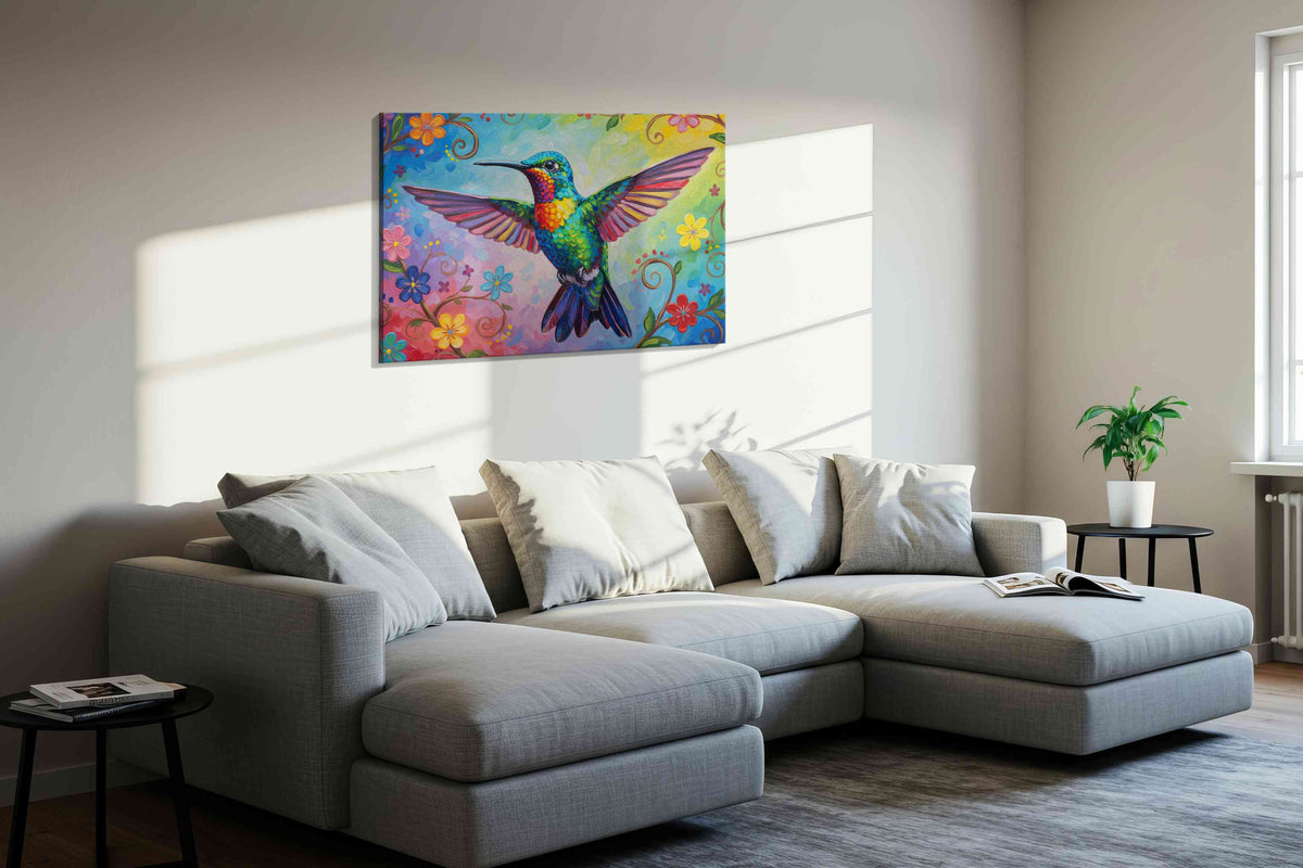 Vibrant Flight of Joy birds canvas print, displayed in a living room