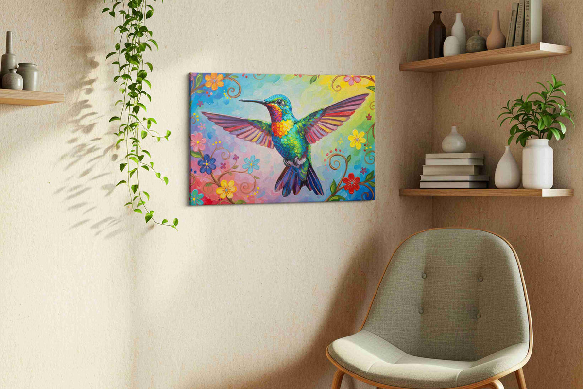 Vibrant Flight of Joy birds canvas print styled in a living room