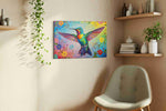 Vibrant Flight of Joy birds canvas print styled in a living room