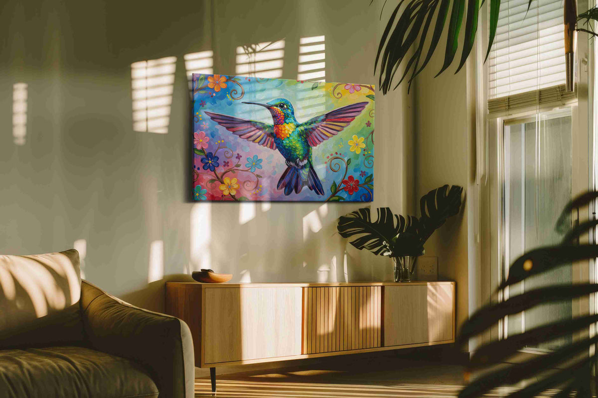 Vibrant Flight of Joy birds canvas print in a contemporary interior mockup