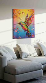 Vibrant Flight of Spring birds canvas print, displayed in a living room