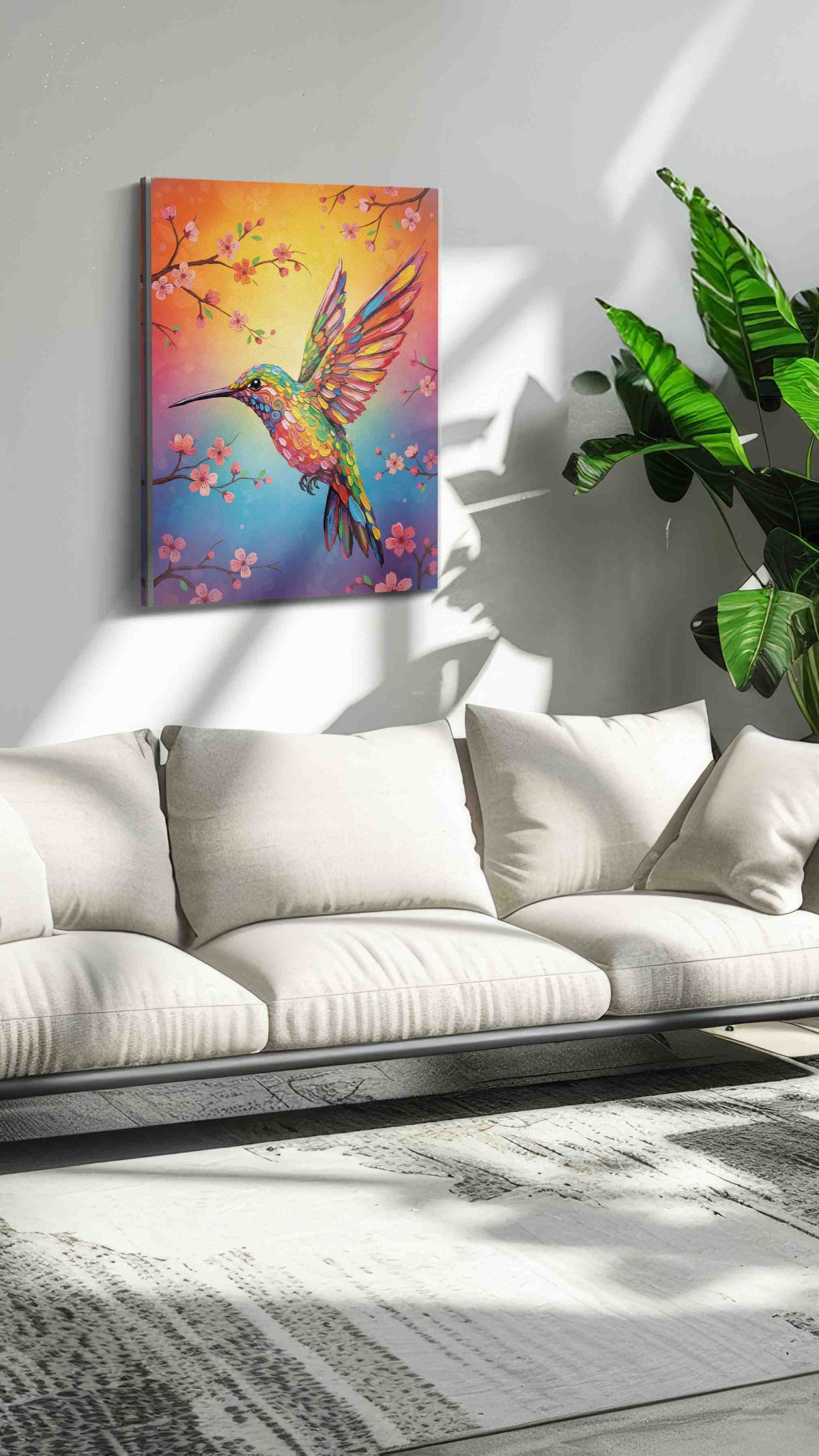 Vibrant Flight of Spring birds canvas print in a hung canvas mockup
