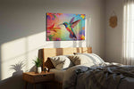 Vibrant Hummingbird Symphony birds canvas print, displayed in a bedroom