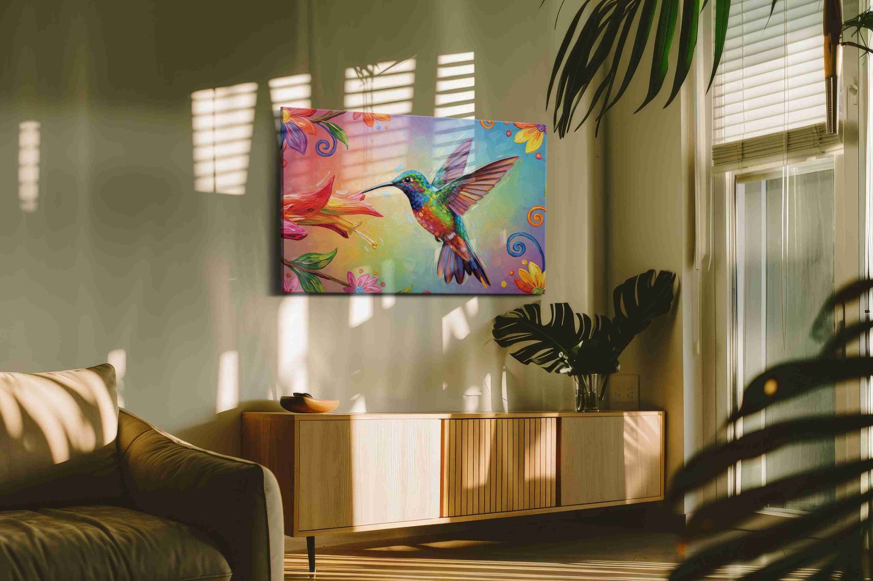 Vibrant Hummingbird Symphony birds canvas print in a hung canvas mockup