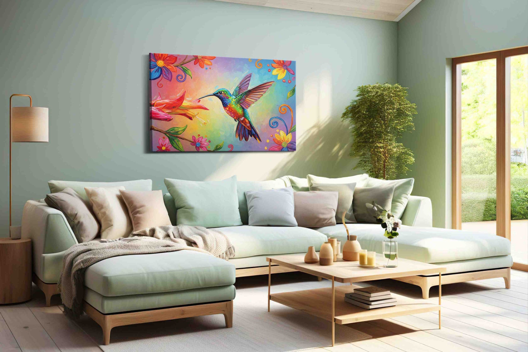 Vibrant Hummingbird Symphony birds canvas print, hanging on wall