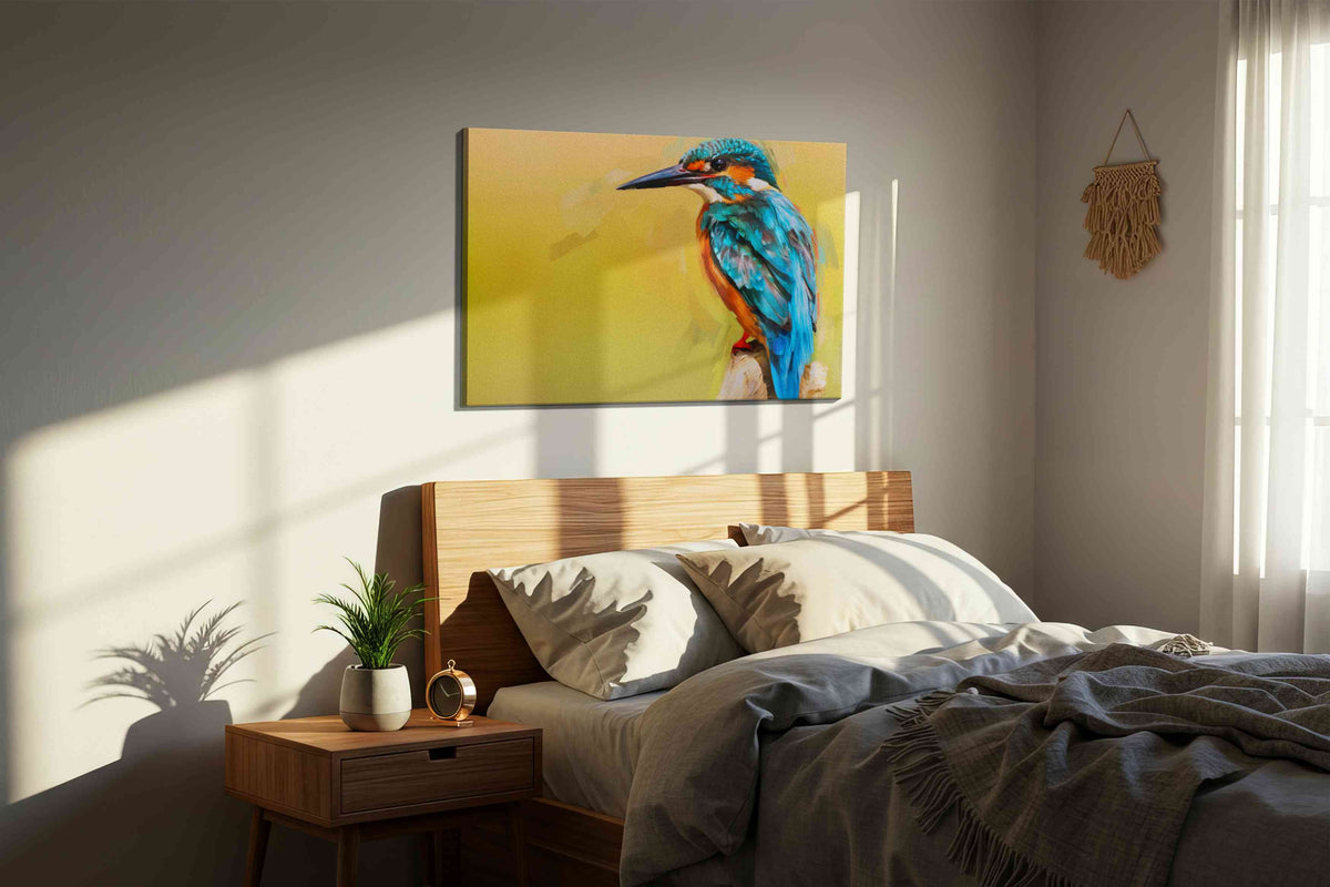 Vibrant Kingfisher Harmony birds canvas print, displayed in a bedroom