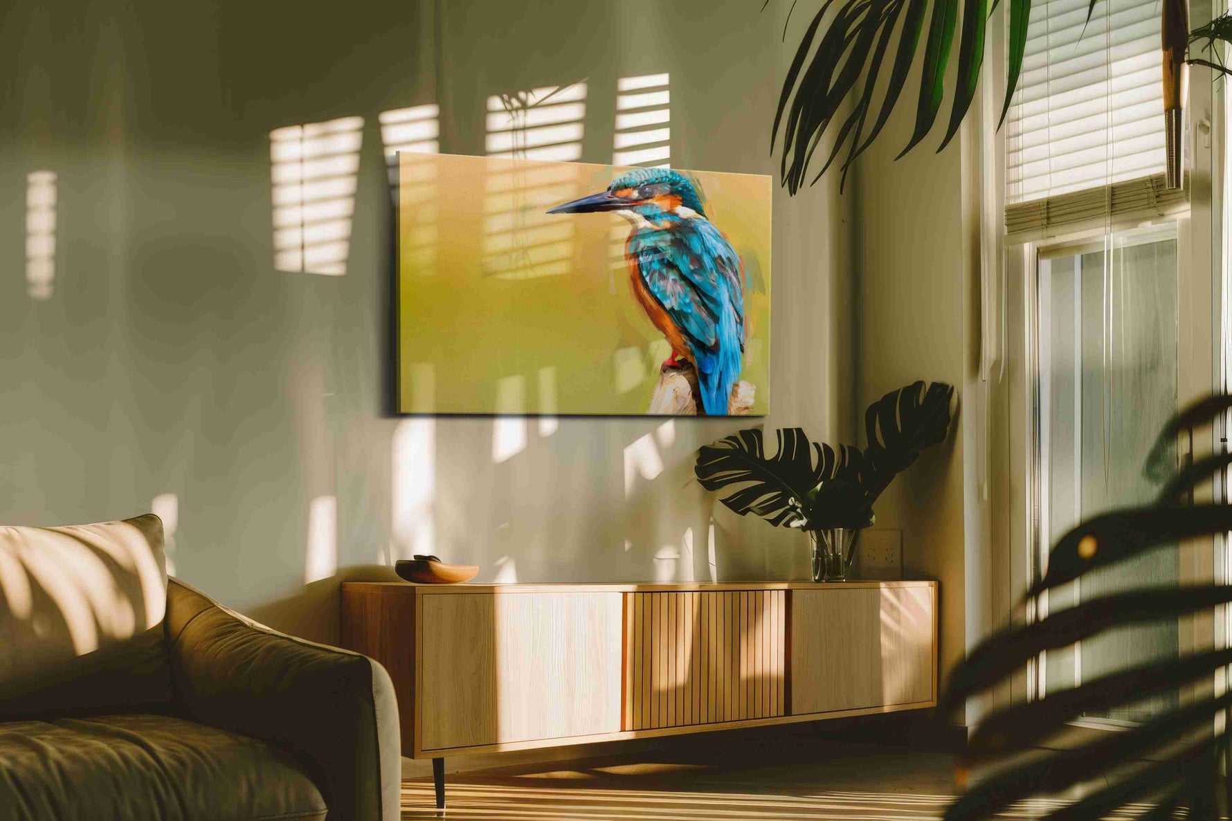 Vibrant Kingfisher Harmony birds canvas print, hanging on wall