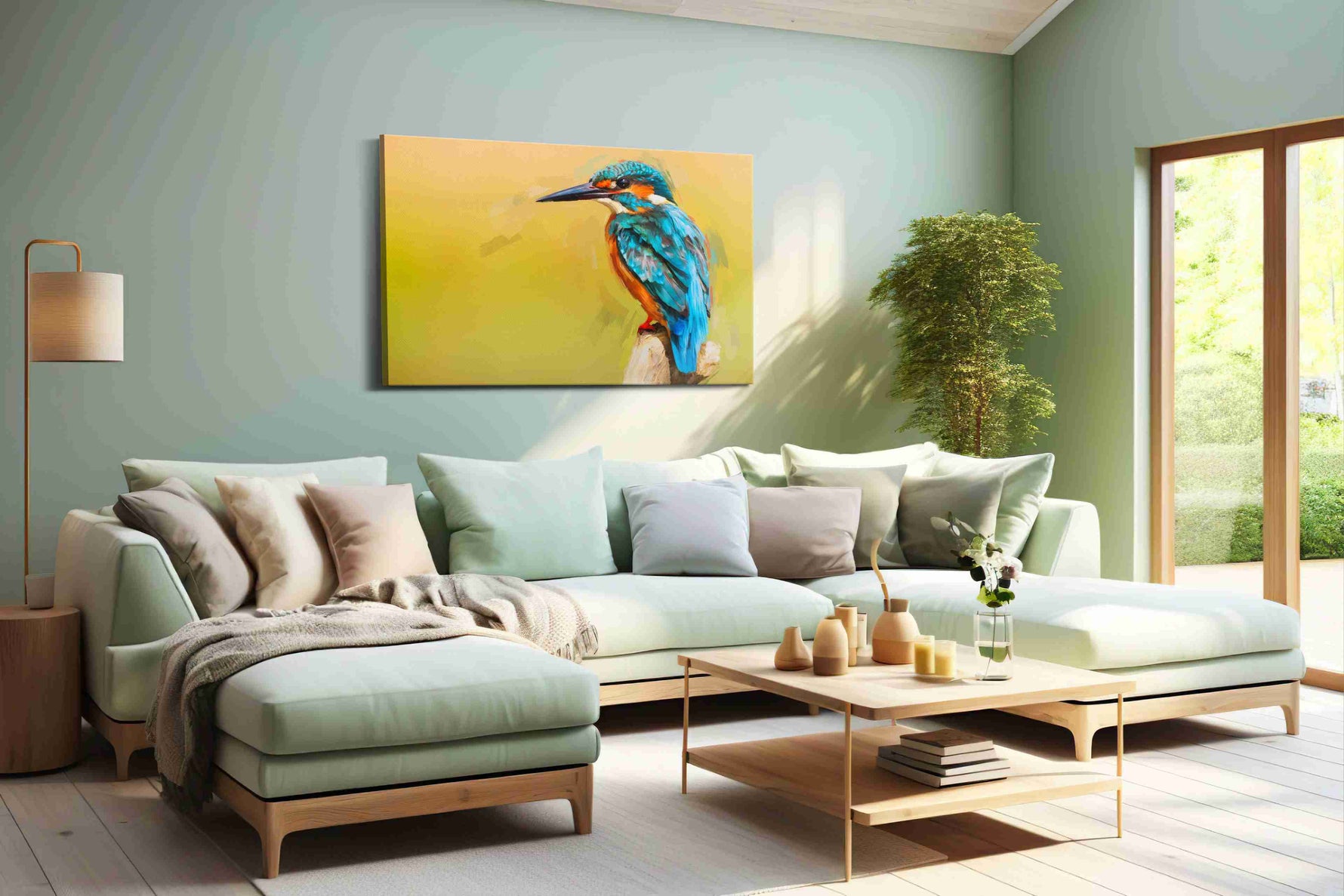 Vibrant Kingfisher Harmony birds canvas print shown in a wall scene
