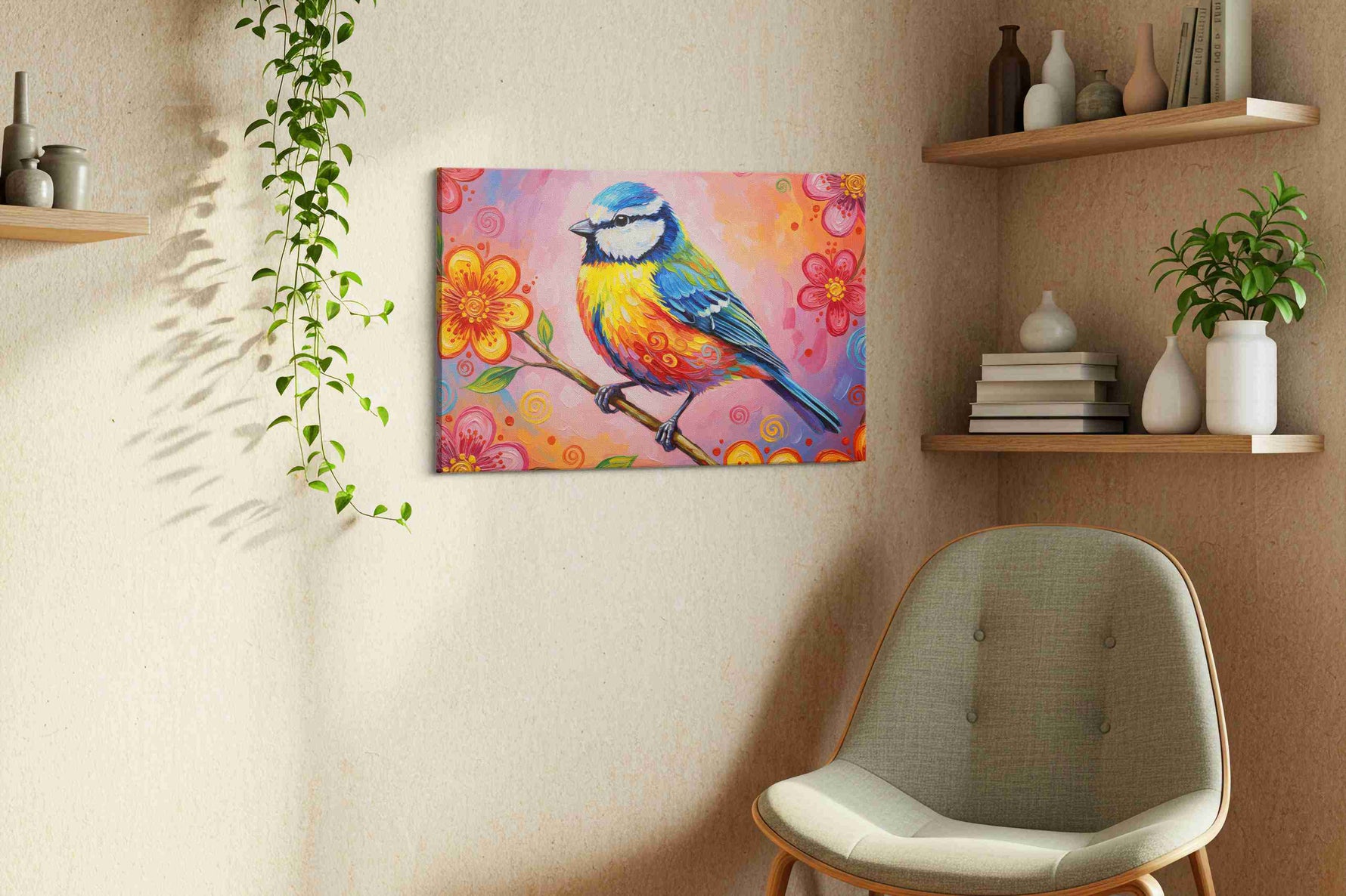 Vibrant Melody in Bloom birds canvas print, displayed in a living room