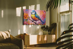 Vibrant Melody in Bloom birds canvas print in a hung canvas mockup