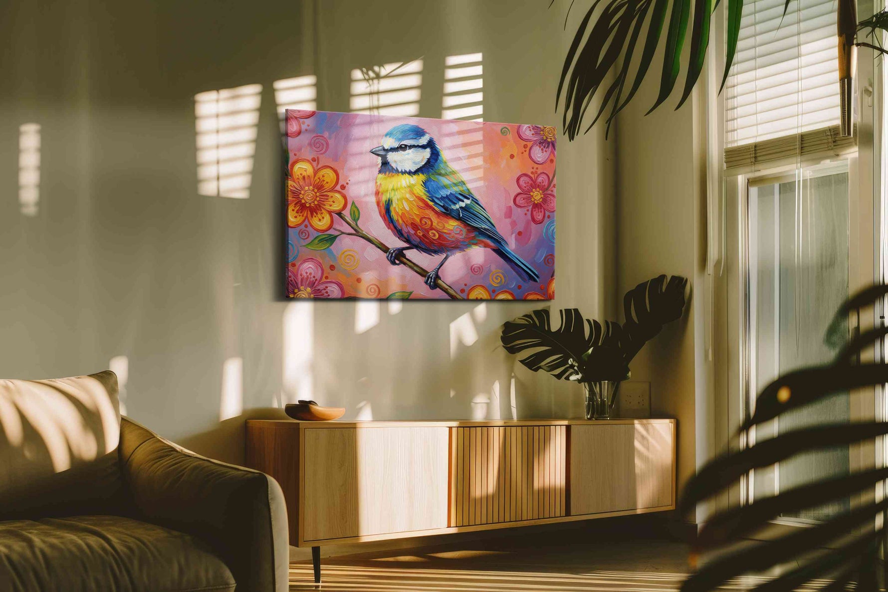 Vibrant Melody in Bloom birds canvas print in a hung canvas mockup