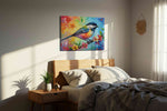 Vibrant Melody on Blossoms birds canvas print, displayed in a bedroom