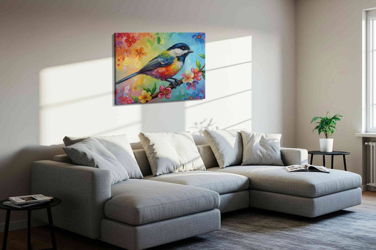 Vibrant Melody on Blossoms birds canvas print, displayed in a living room