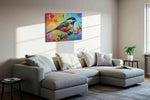 Vibrant Melody on Blossoms birds canvas print, displayed in a living room