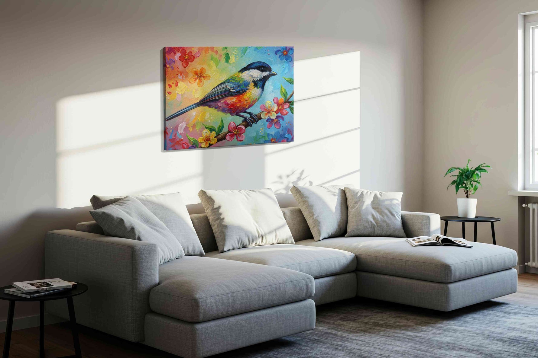 Vibrant Melody on Blossoms birds canvas print, displayed in a living room