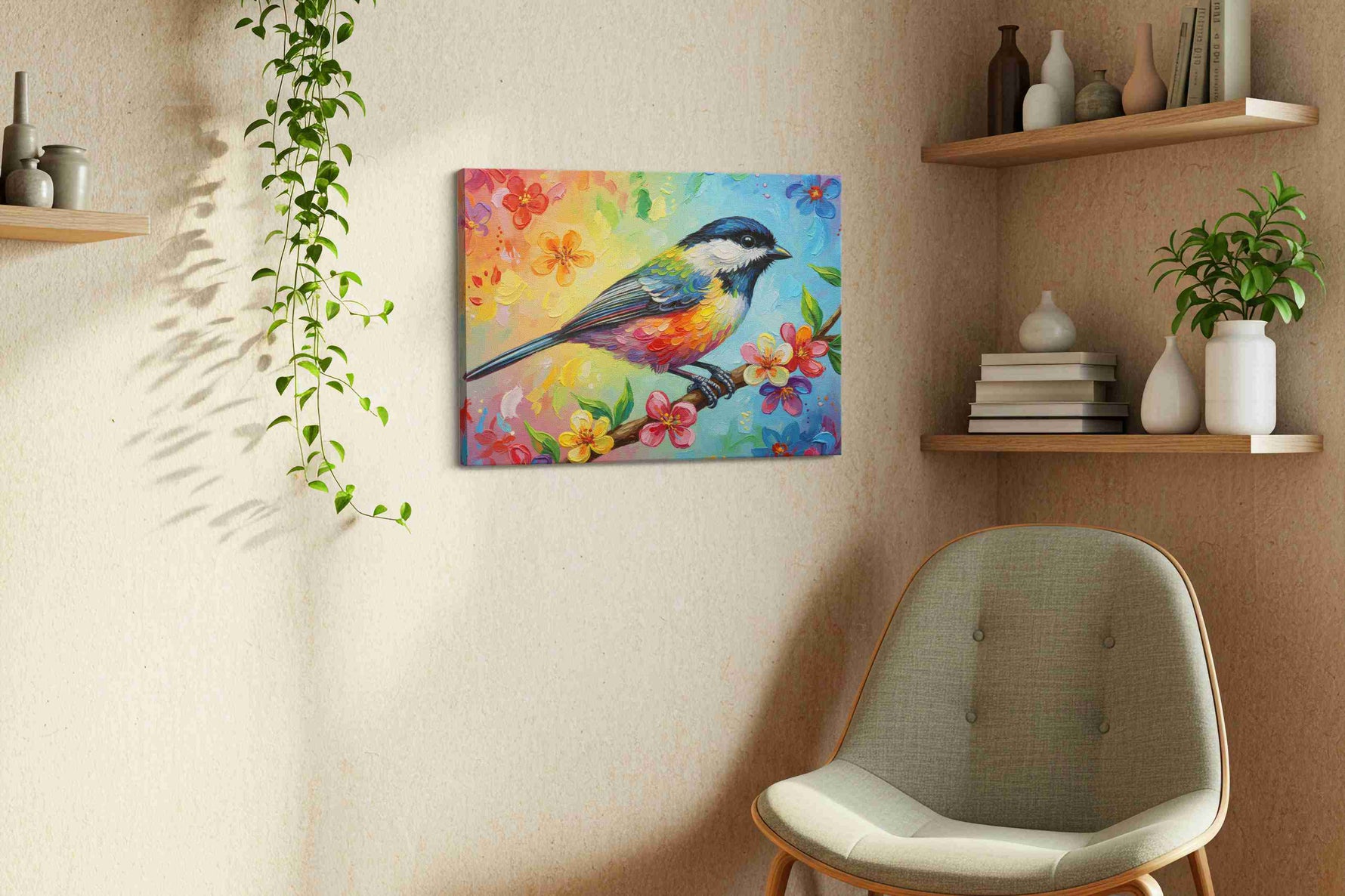 Vibrant Melody on Blossoms birds canvas print styled in a living room