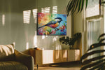 Vibrant Melody on Blossoms birds canvas print in a hung canvas mockup