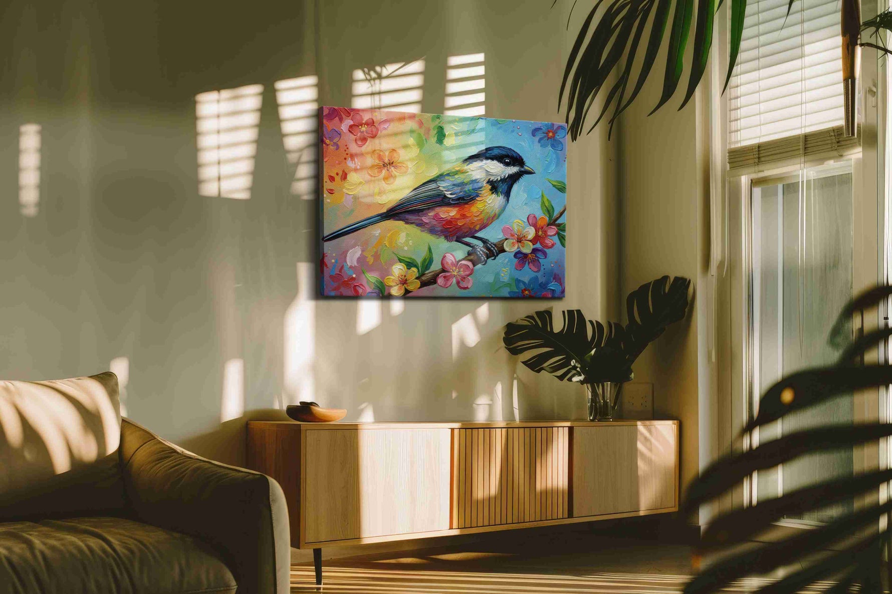 Vibrant Melody on Blossoms birds canvas print in a hung canvas mockup