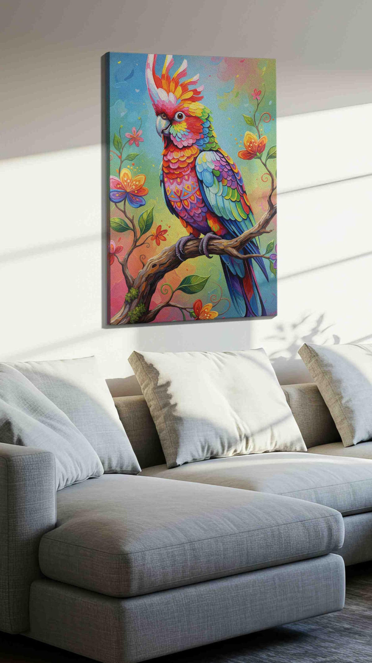 Vibrant Melody on the Branch birds canvas print, displayed in a living room