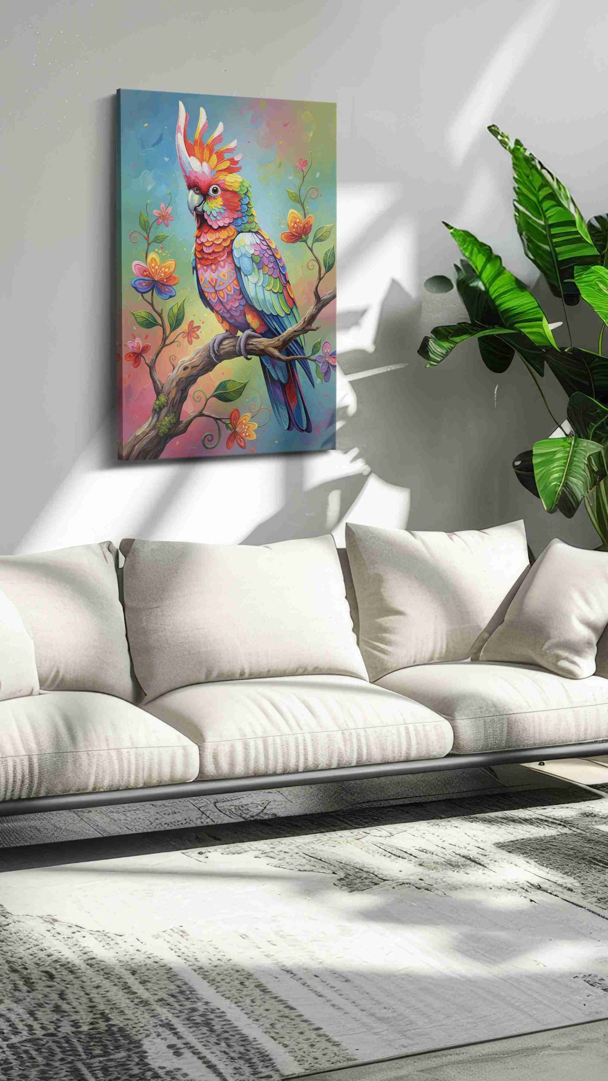 Vibrant Melody on the Branch birds canvas print in a hung canvas mockup