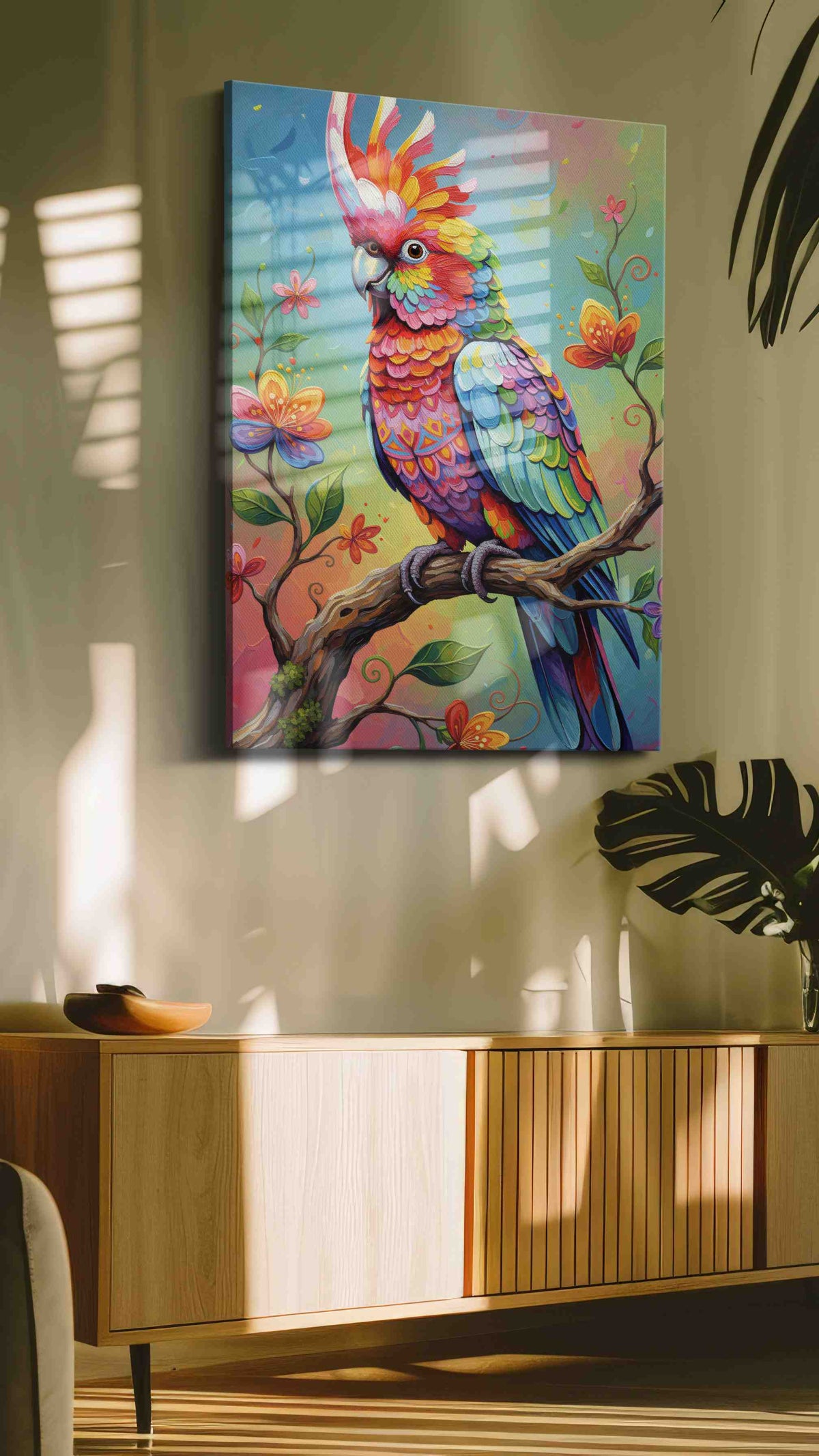 Vibrant Melody on the Branch birds canvas print, hanging on wall — in a hung canvas mockup