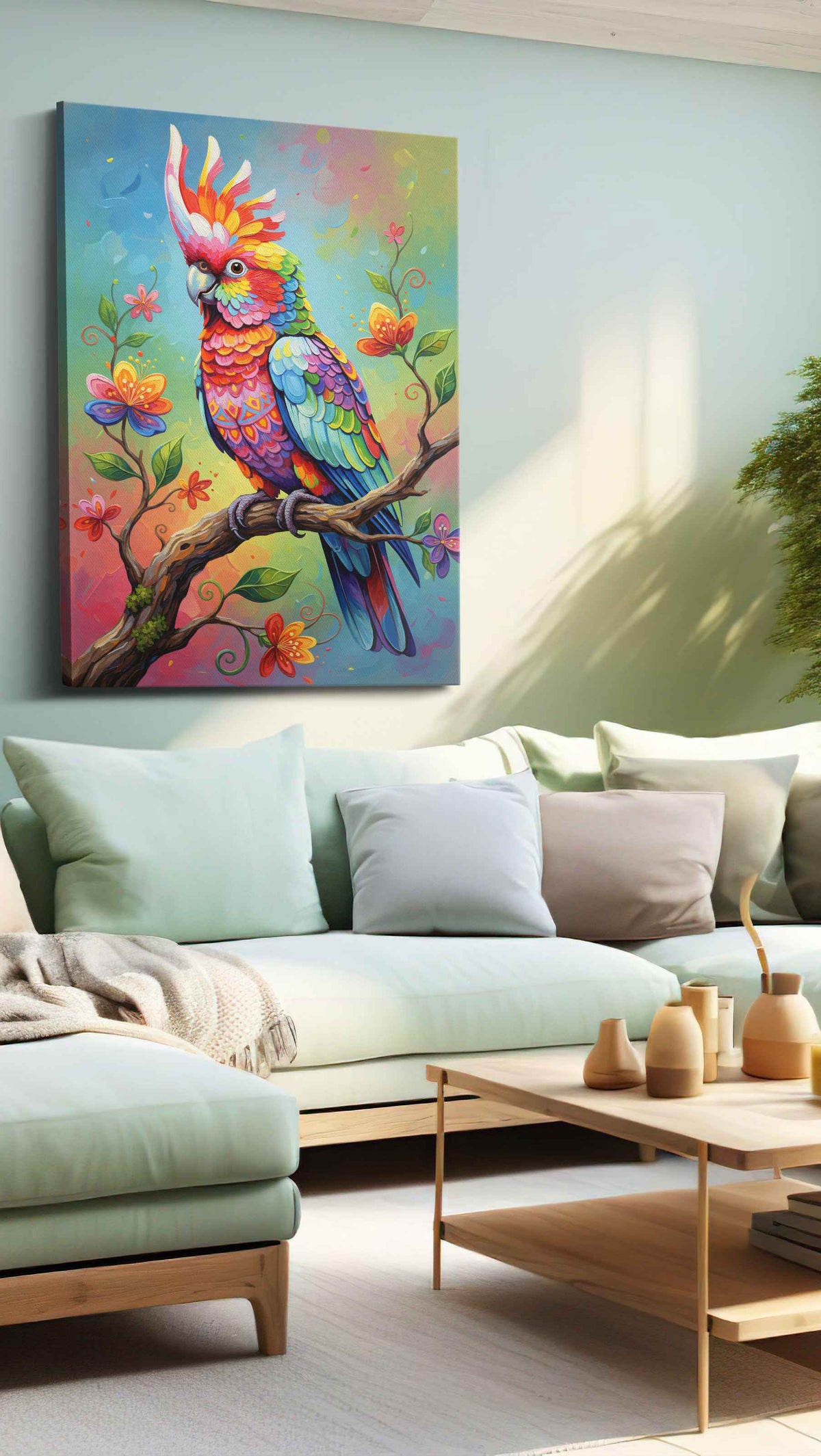 Vibrant Melody on the Branch birds canvas print, hanging on wall