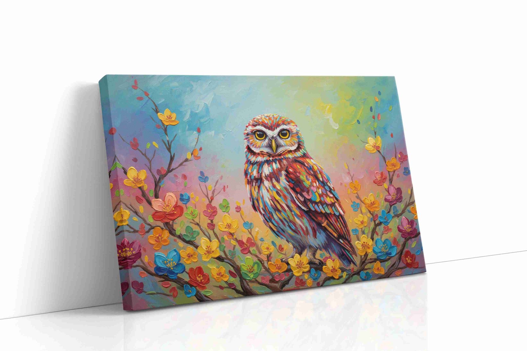 Vibrant Owl Serenade birds canvas print gallery-wrapped landscape canvas studio shot