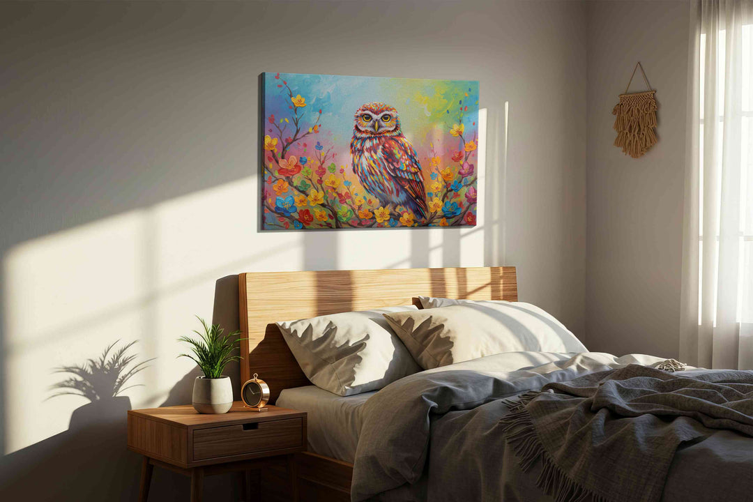 Vibrant Owl Serenade – birds canvas wall art, gallery-wrapped, ready to hang