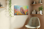 Vibrant Owl Serenade birds canvas print, displayed in a living room