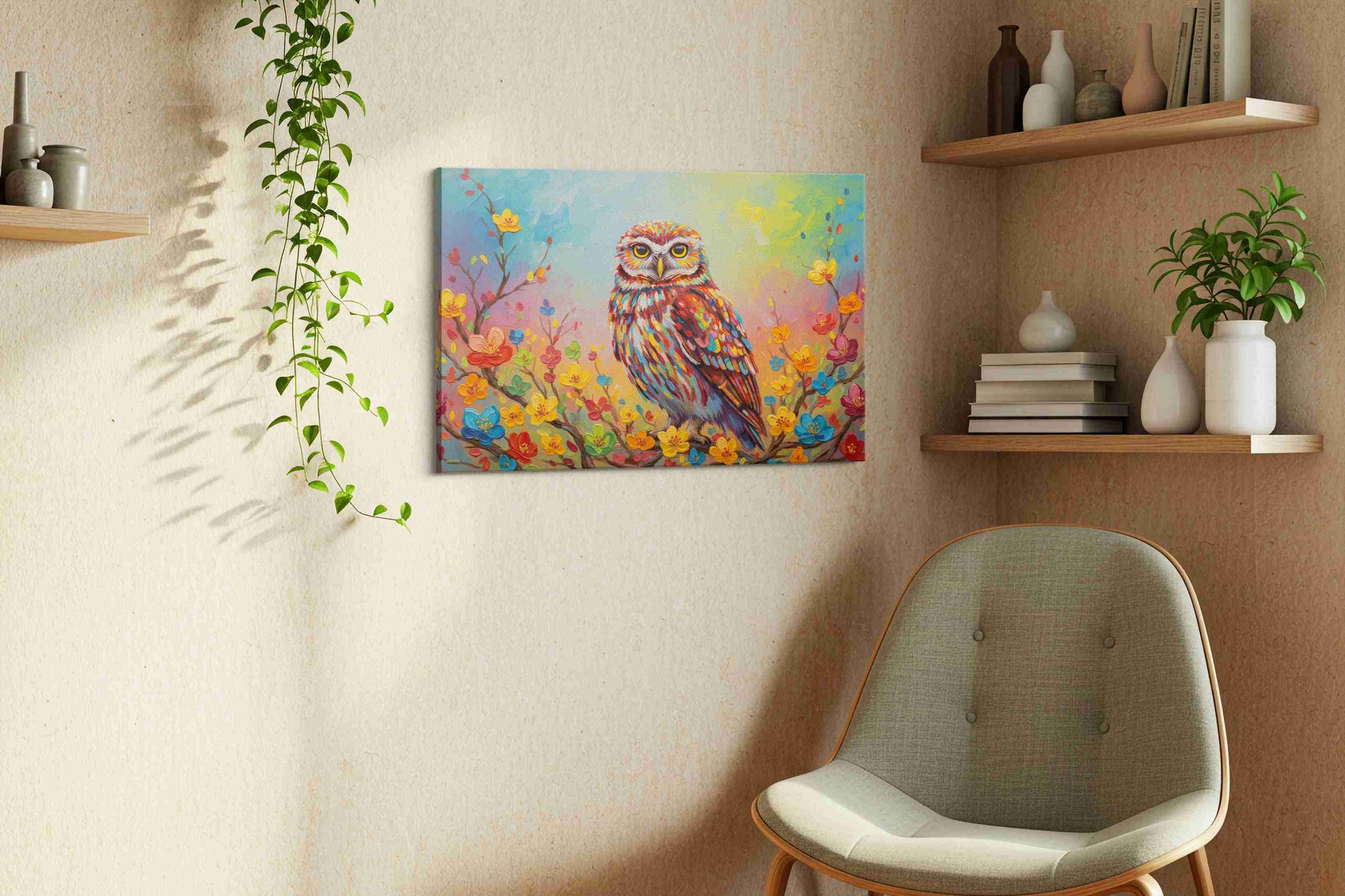 Vibrant Owl Serenade birds canvas print, displayed in a living room
