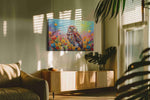 Vibrant Owl Serenade birds canvas print, on wall, lifestyle preview