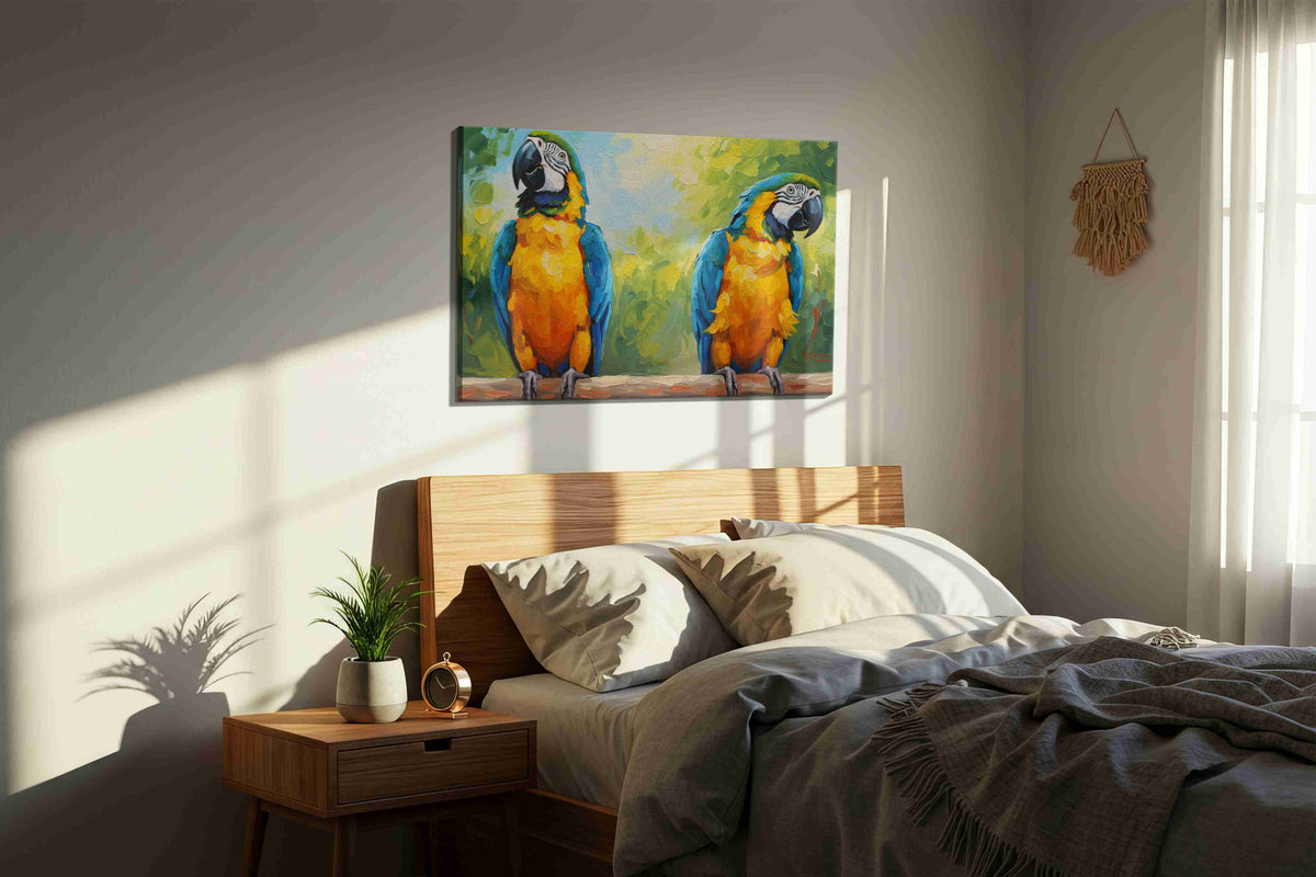 Vibrant Parrot Paradise birds canvas print, displayed in a bedroom