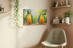 Vibrant Parrot Paradise birds canvas print, displayed in a living room